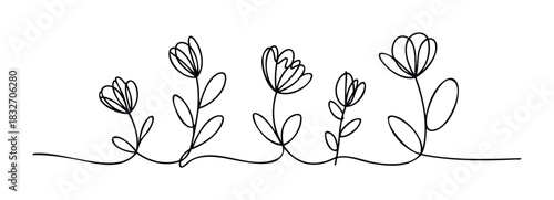 Simple line drawing of five different sized flowers and leaves with stems, perfect for adding natural beauty to various projects and designs.
