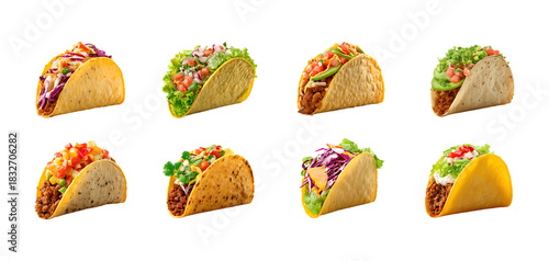Assortment of Eight Different Tacos with Various Fillings isolated on a transparent background