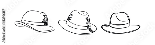 Collection of three distinct fedora hats rendered in a simple line drawing style suitable for graphic design projects and fashion concepts.