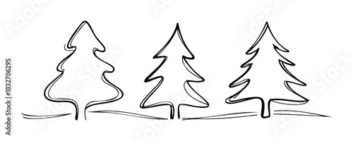 Simple line drawing of three stylized evergreen trees with a minimalist ground line, perfect for festive holiday decorations, winter landscapes, or naturethemed projects seeking a modern