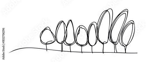 Simple line drawing of a row of trees with varying sizes and shapes, suggesting a landscape for graphic use and natural themes.