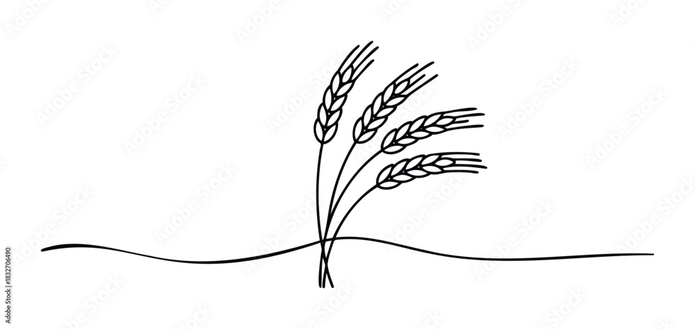 Naklejka premium Minimalist black and white illustration of wheat stalks emerging from a gentle wave, perfect for natural themes and agricultural concepts.