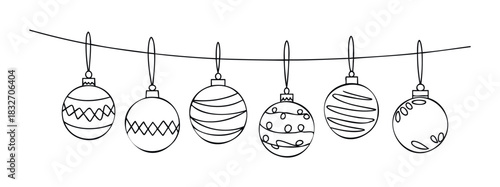 Hand drawn line graphics of festive hanging ornaments with various decorative patterns perfect for seasonal celebrations and greeting cards