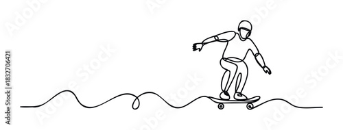 Minimalist one line drawing of a person skateboarding on a wavy ground representing motion and freedom for lifestyle and sport themes.