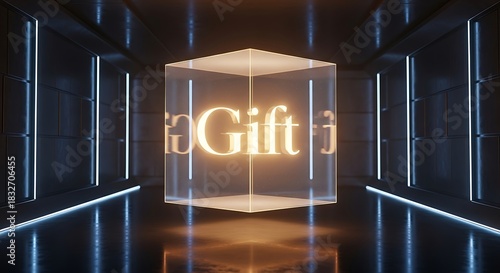 Fototapeta Naklejka Na Ścianę i Meble -  Illuminated gift box suspended in a futuristic neon lit corridor with glowing text