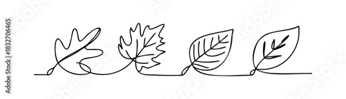 Continuous line drawing of four different leaf shapes representing autumn foliage, perfect for seasonal themes and nature inspired projects.