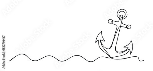 Minimalist continuous line drawing of a nautical anchor set against wavy water, perfect for maritime themes, adventure concepts, and seaside graphics.