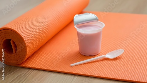 Healthy snack of yogurt and a yoga mat, ready for a workout session