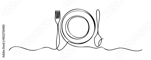 Abstract continuous line drawing of a plate fork and spoon, symbolizing dining and a meal experience for restaurant menus or culinary websites