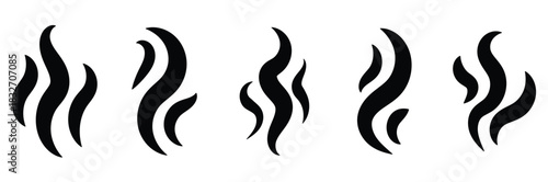 Set of solid black icons representing abstract smoke or steam plumes, ideal for warmth and aroma concepts