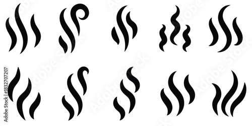 Set of solid black icons representing abstract smoke or steam plumes, ideal for warmth and aroma concepts