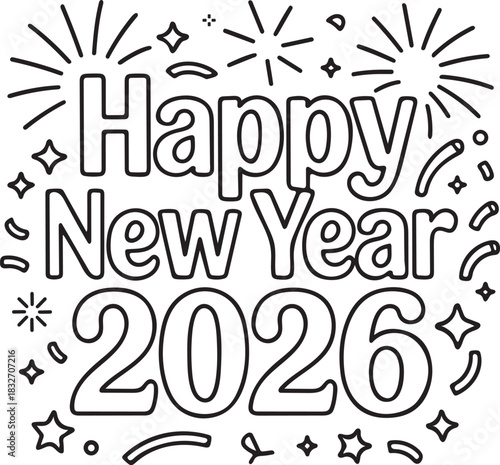 Happy New Year 2026 Typography Design with Fireworks and Celebration Elements Black and White Outline Illustration