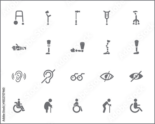 Set of Disability People Pictograms Flat Icons. Contains such Icons as Disabled health care, medical tools, equipment stick figure, crutches, wheelchair, cane, electric wheelchair, power scooter