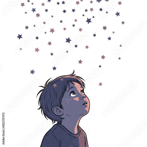 A young boy looking up at colorful stars floating in the air against a white background with a dreamy and magical mood.