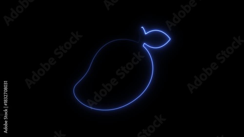 Glowing blue neon mango outline on black background abstract fruit symbol motion graphic video