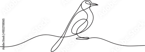 Continuous line drawing of a bird perched gracefully, created with continuous flowing lines. Minimalist simplicity and elegance. one line Icon drawing