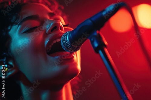 A person sings passionately into a microphone on a stage with red lights.