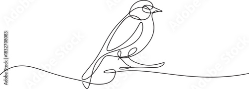 Continuous line drawing of a bird perched gracefully, created with continuous flowing lines. Minimalist simplicity and elegance. one line Icon drawing