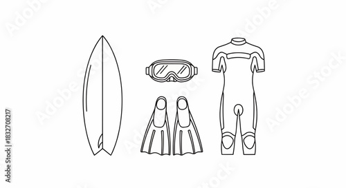 Line drawing of surfboard and wetsuit ensemble displayed together on a white background