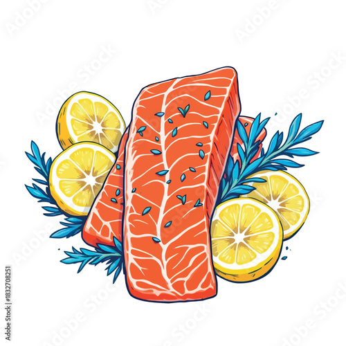 Vsai salmon fillets with lemon slices and rosemary illustration