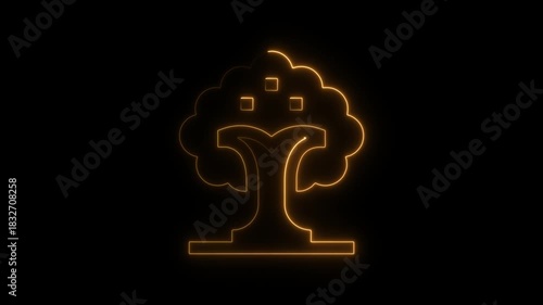 Glowing neon tree silhouette with square leaves and abstract base on black background animated light effect