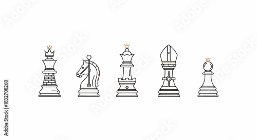 Chess pieces arranged in a row on a white background, showcasing their unique designs and structures.