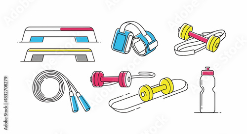 Set of fitness equipment icons in a modern line art style for sports training and a healthy workout