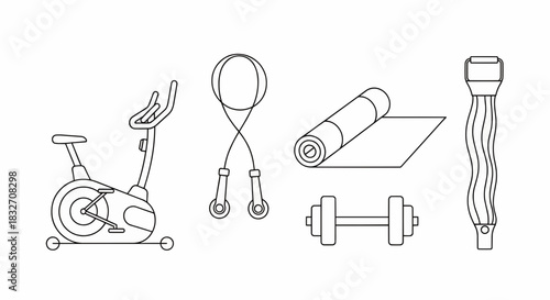 Fitness equipment icons set Exercise bike, jump rope, yoga mat, dumbbell, and resistance band