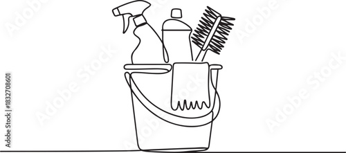 Bucket with cleaning supplies in one continuous line drawing. Cleanup and washing concept in simple linear style. Household and housekeeping symbol in editable stroke. one line Icon drawing