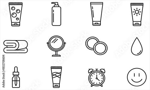Collection of skincare and personal care product icons, including creams, lotions, mirrors, towels, and alarm clocks for beauty and wellness