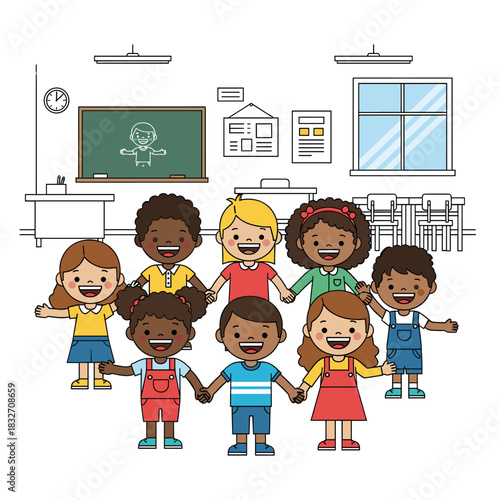 Diverse group of happy children holding hands in a classroom, symbolizing friendship, unity, and education.