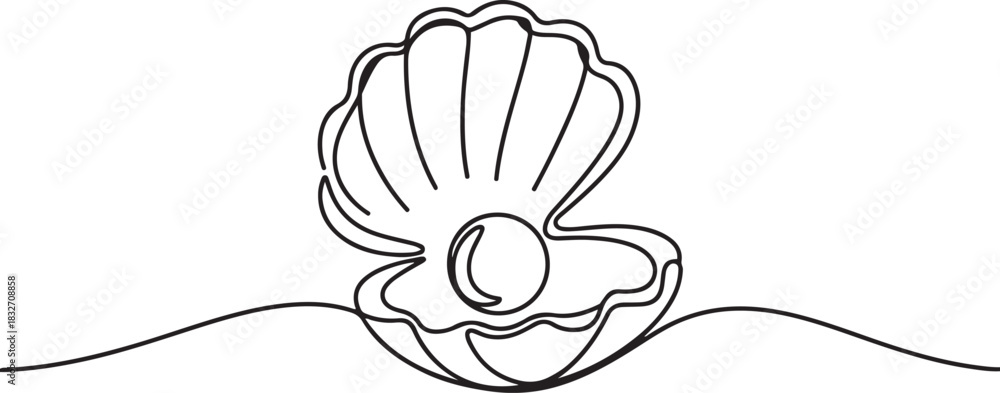 Obraz premium Open pearl shell continuous one line drawing. Single line art open pearl shell. Vector illustration. one line Icon drawing