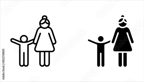 Family with children, line icon set. Child with father and mother, parents. Happy family on white background