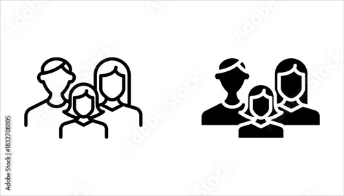 Family with children, line icon set. Child with father and mother, parents. Happy family on white background