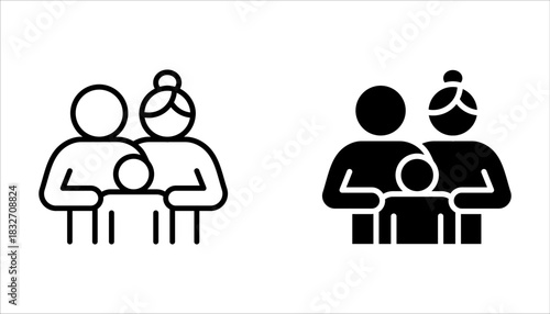 Family with children, line icon set. Child with father and mother, parents. Happy family on white background