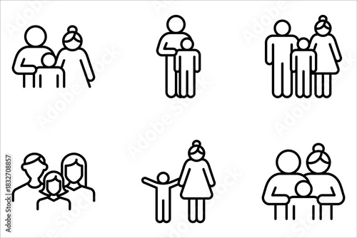 Family with children, line icon set. Child with father and mother, parents. Happy family on white background