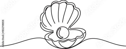 Open pearl shell continuous one line drawing. Single line art open pearl shell. Vector illustration. one line Icon drawing