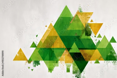 Vibrant Geometric Landscape of Lush Greenery with Interwoven Triangles in Emerald and Gold Tones