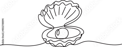 Open pearl shell continuous one line drawing. Single line art open pearl shell. Vector illustration. one line Icon drawing