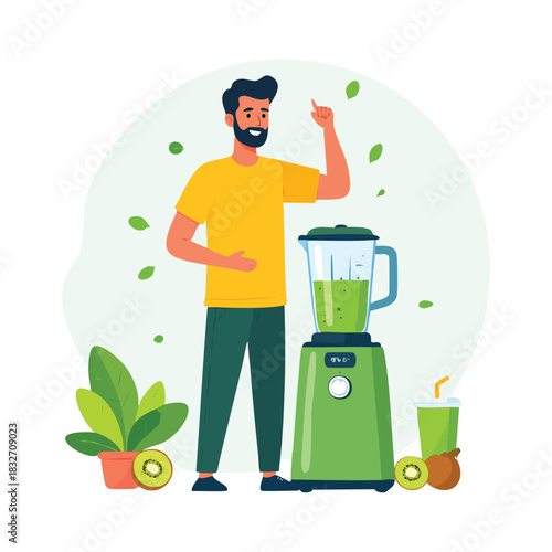 Man making healthy smoothie with blender promoting healthy lifestyle.