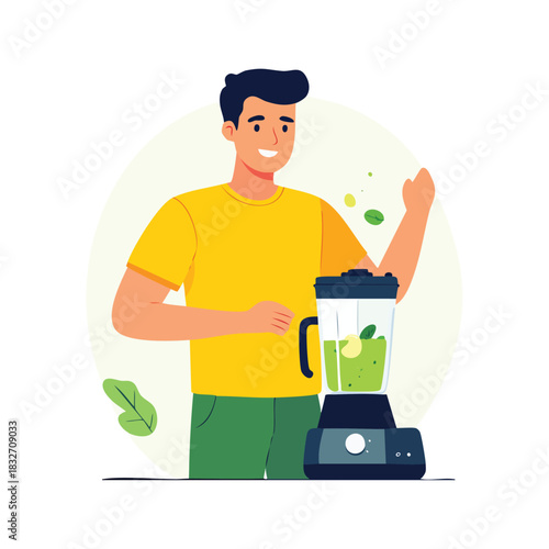 Man making a healthy smoothie with a blender promoting wellness.
