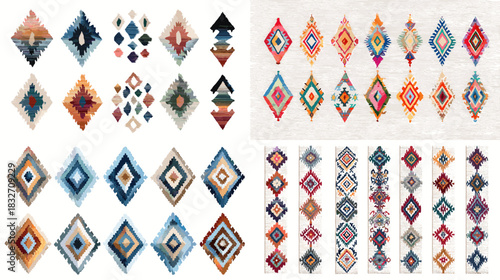 A decorative collection of geometric diamond motifs featuring colorful shapes, woven patterns, and cultural textile inspired designs suitable for creative artwork.