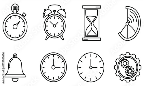 Collection of Icons Representing Time and Measurement Stopwatch, Alarm Clock, Hourglass, Bell, Analog Clocks, and Gear Mechanism