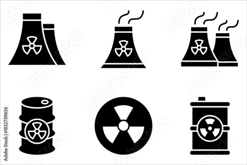 Nuclear icon set, Power Plant, Radiation icons. Radiation symbols isolated on white background.