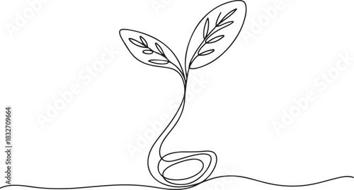 Growing Sprout Botanical One Line Art. Hand drawing vector Illustration. one line Icon drawing