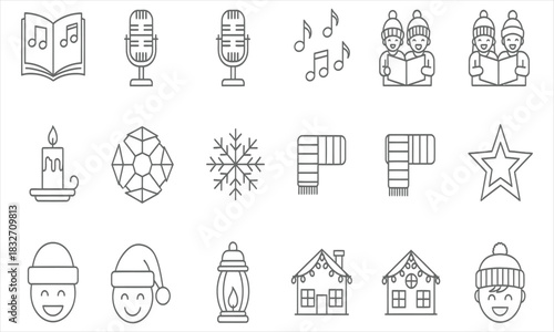 Set of festive icons a songbook, microphones, singers, notes, candle, gem, snowflake, scarf, star, faces, lamp, house, hat