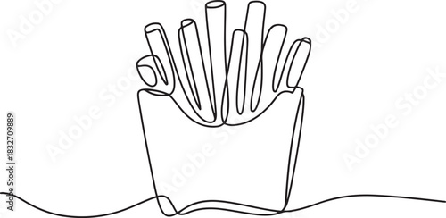 Fried potato sticks in modern single line drawing style, in continuous line art. Vector illustration, Continuous one line drawing of french fries. one line Icon drawing