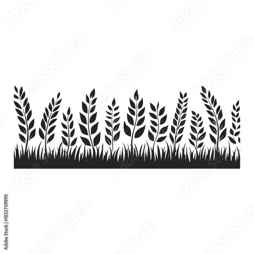 Set of green grass and fern silhouettes with leaves, perfect for a nature illustration or floral summer vector background pattern design