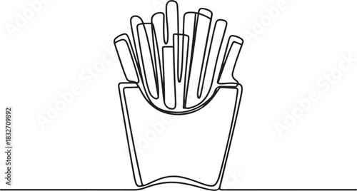 Fried potato sticks in modern single line drawing style, in continuous line art. Vector illustration, Continuous one line drawing of french fries. one line Icon drawing