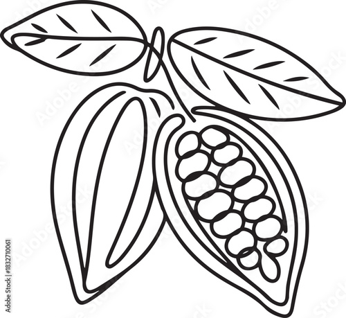 Continuous one line drawing whole healthy organic cocoa beans for plantation logo identity. Fresh cacao bean concept for chocolate drink shop icon. one line Icon drawing